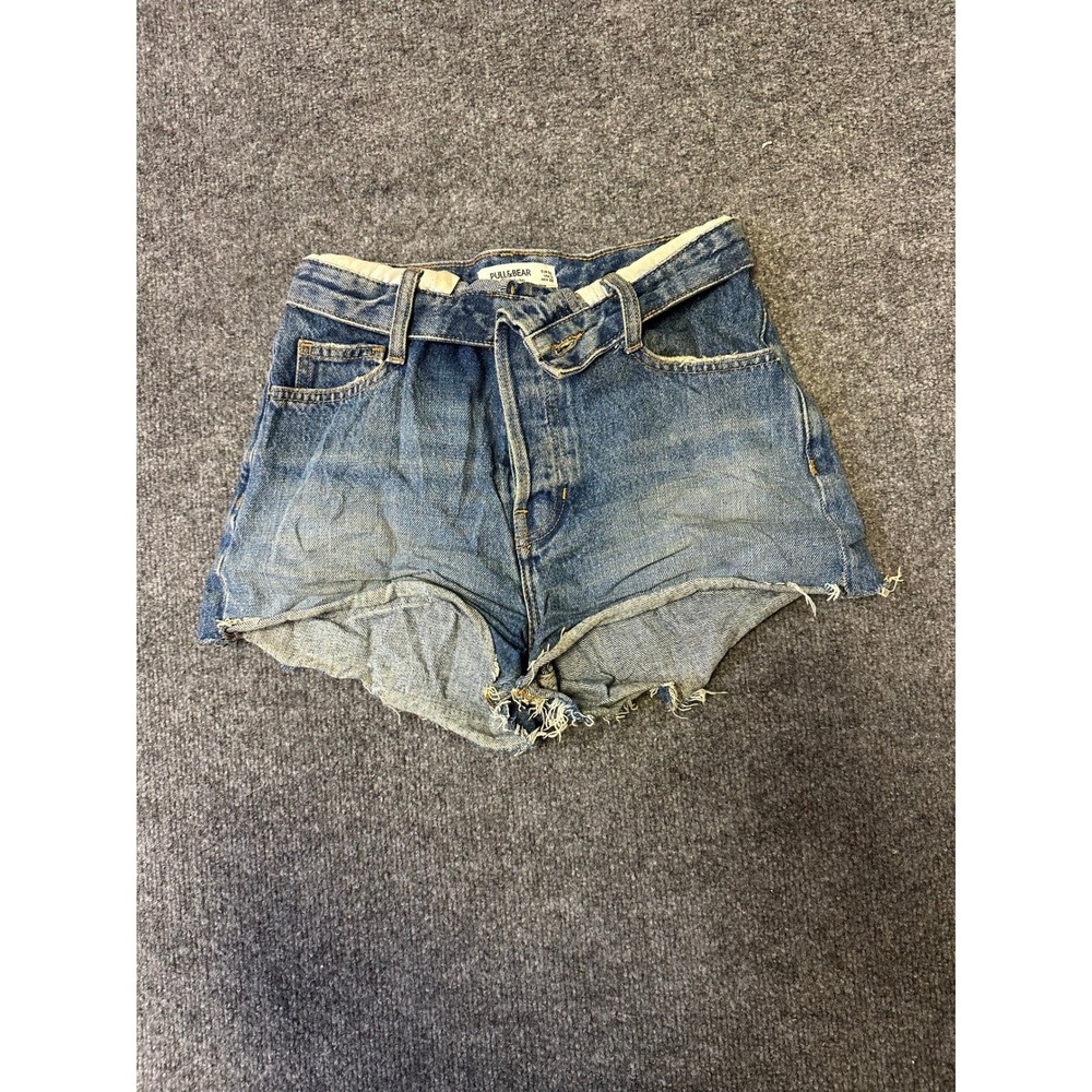 Pull&Bear Denim Shorts Womens Size 0 Blue Raw Hem High Waisted Casual Summer